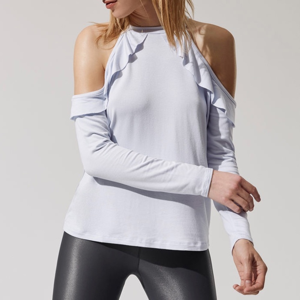beyond yoga // gray cold shoulder frill pullover - Picture 3 of 7